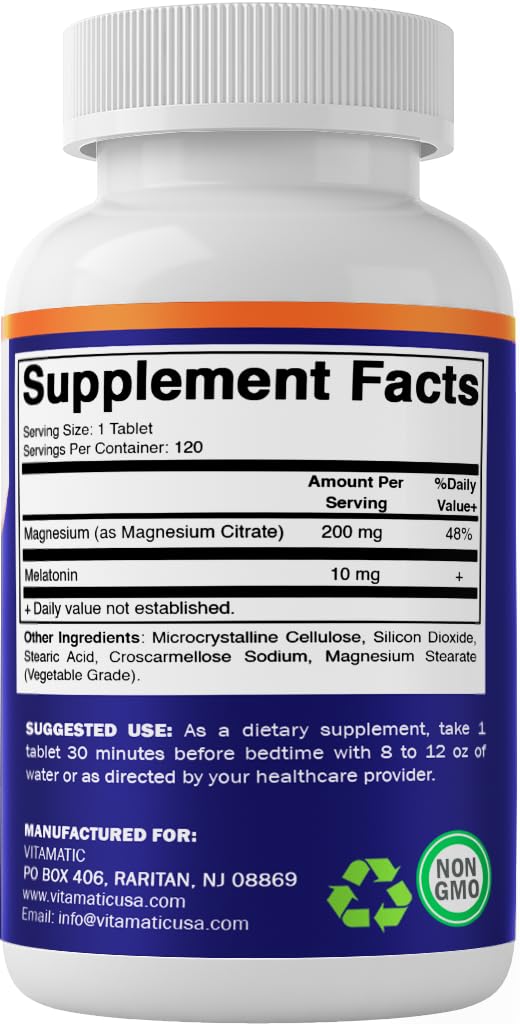 Vitamatic Melatonin 10 mg with Magnesium 200 mg – 120 Tablets | Sleep Support