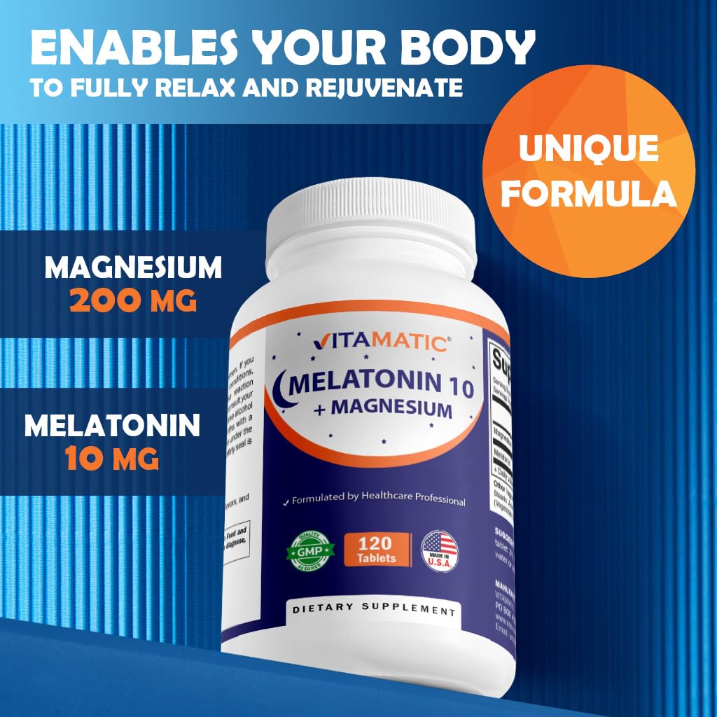 Vitamatic Melatonin 10 mg with Magnesium 200 mg – 120 Tablets | Sleep Support