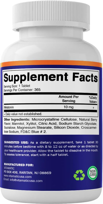 Vitamatic Melatonin 10 mg Tablets | Vegetarian, Non-GMO, Gluten-Free | 365 Tablets (1-Year Supply)