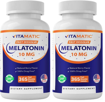 Vitamatic Melatonin 10 mg Tablets - 1-Year Supply | Berry Flavor | Vegetarian