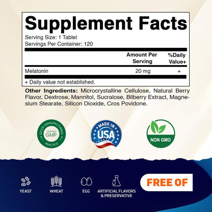Vitamatic Melatonin 20 mg Tablets | Vegetarian, Non-GMO, Gluten Free | High Potency 20 mg | Natural Berry Flavor 120 Tablets