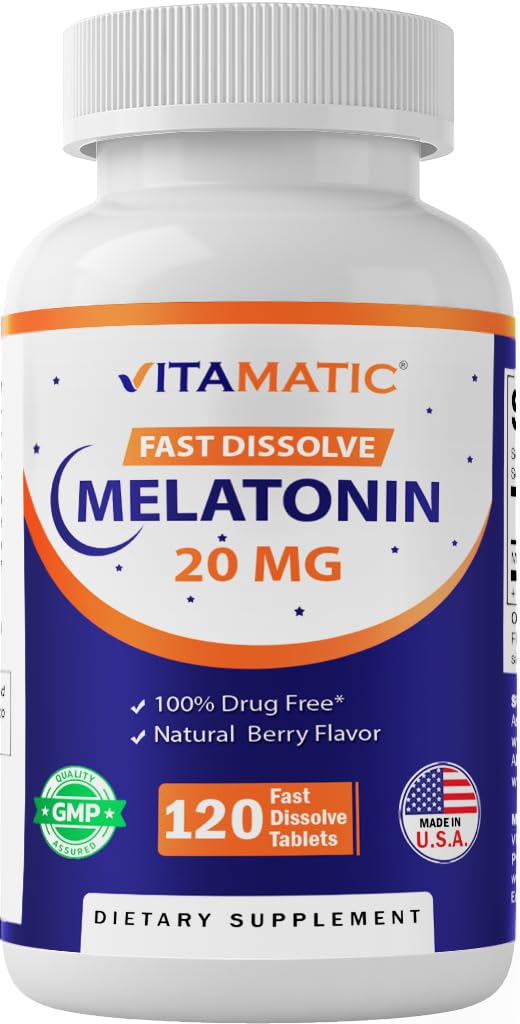 Vitamatic Melatonin 20 mg Tablets | Vegetarian, Non-GMO, Gluten Free | High Potency 20 mg | Natural Berry Flavor 120 Tablets