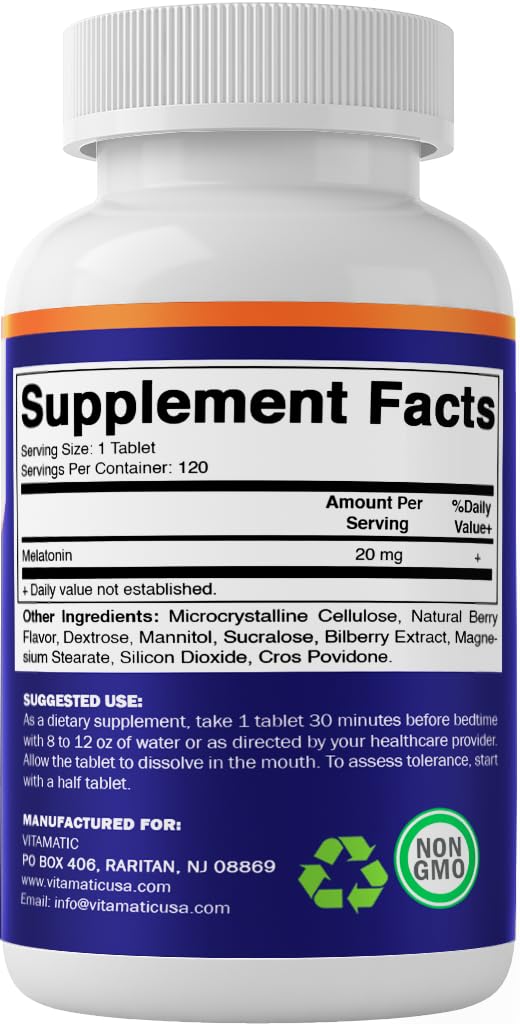 Vitamatic Melatonin 20 mg Tablets | Vegetarian, Non-GMO, Gluten Free | High Potency 20 mg | Natural Berry Flavor 120 Tablets