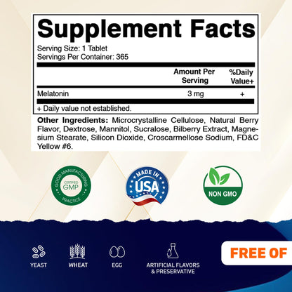 Vitamatic Melatonin 3mg Tablets | Vegetarian, Non-GMO, Gluten Free | 365 Tablets
