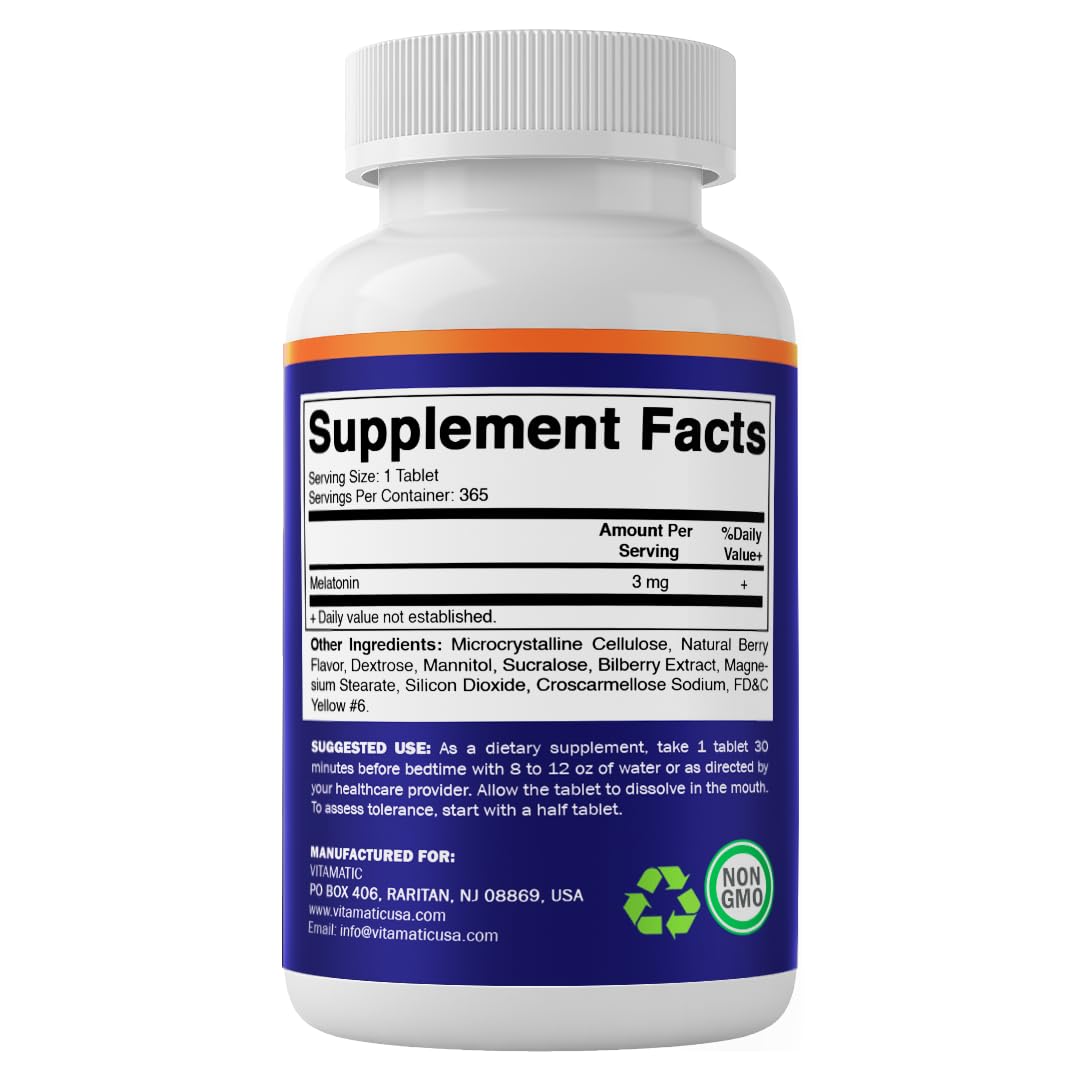 Vitamatic Melatonin 3mg Tablets | Vegetarian, Non-GMO, Gluten Free | 365 Tablets