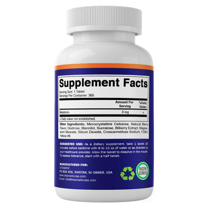 Vitamatic Melatonin 3mg Tablets | Vegetarian, Non-GMO, Gluten Free | 365 Tablets