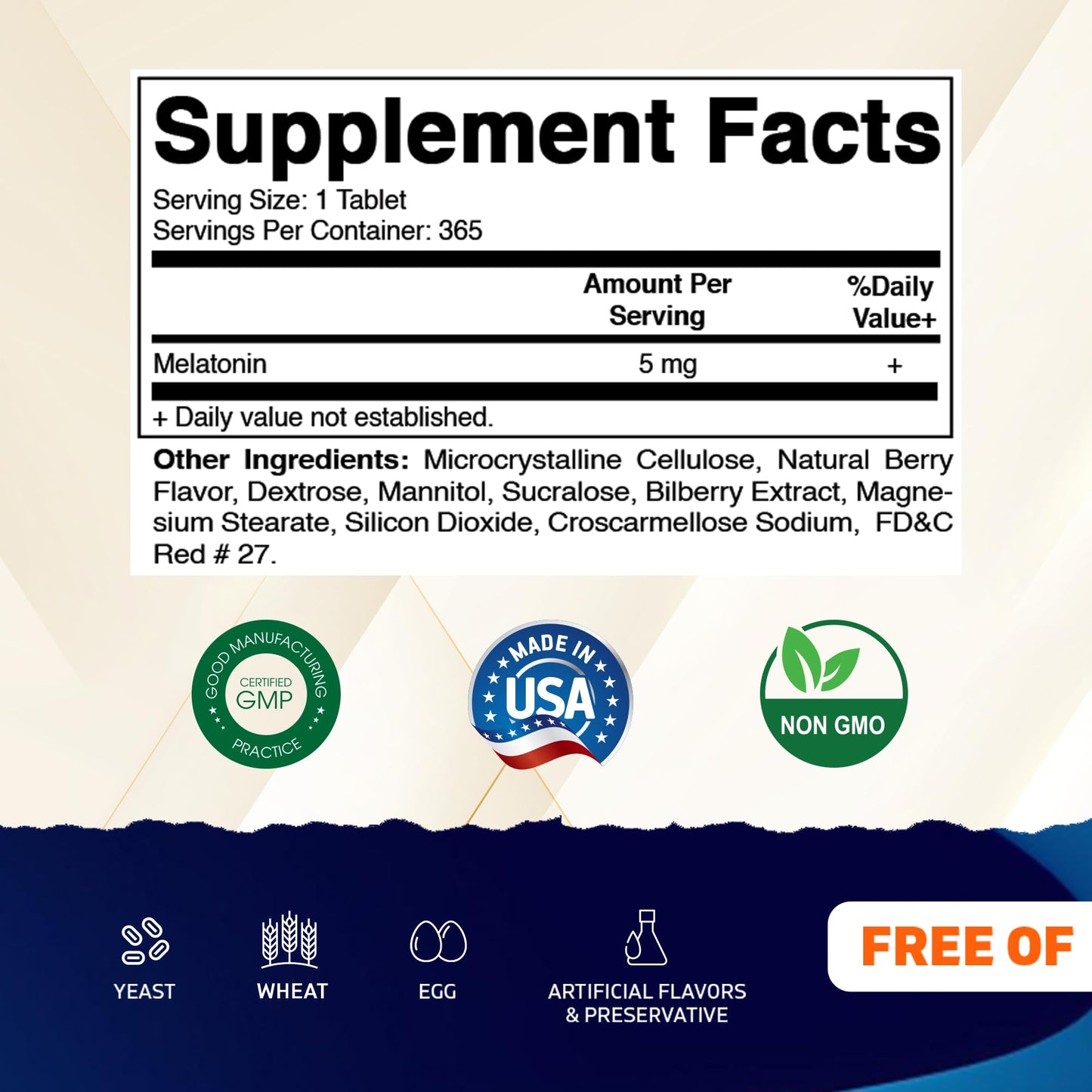 Vitamatic Melatonin 5 mg Tablets - Vegetarian, Non-GMO, Gluten Free | 365 Tablets