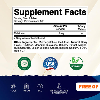 Vitamatic Melatonin 5 mg Tablets - Vegetarian, Non-GMO, Gluten Free | 365 Tablets