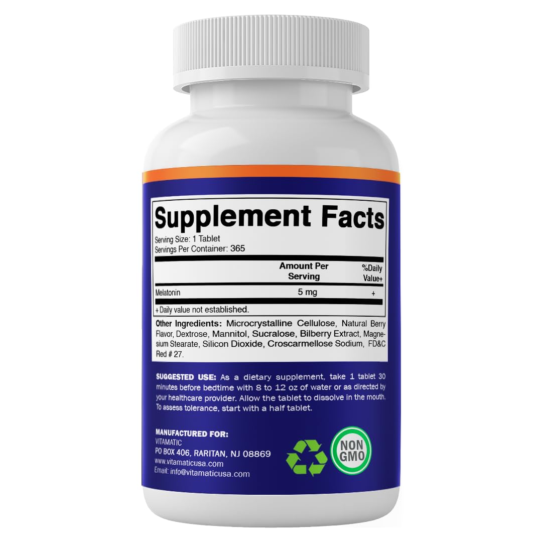 Vitamatic Melatonin 5 mg Tablets - Vegetarian, Non-GMO, Gluten Free | 365 Tablets