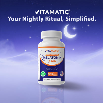 Vitamatic Melatonin 5 mg Tablets - Vegetarian, Non-GMO, Gluten Free | 365 Tablets