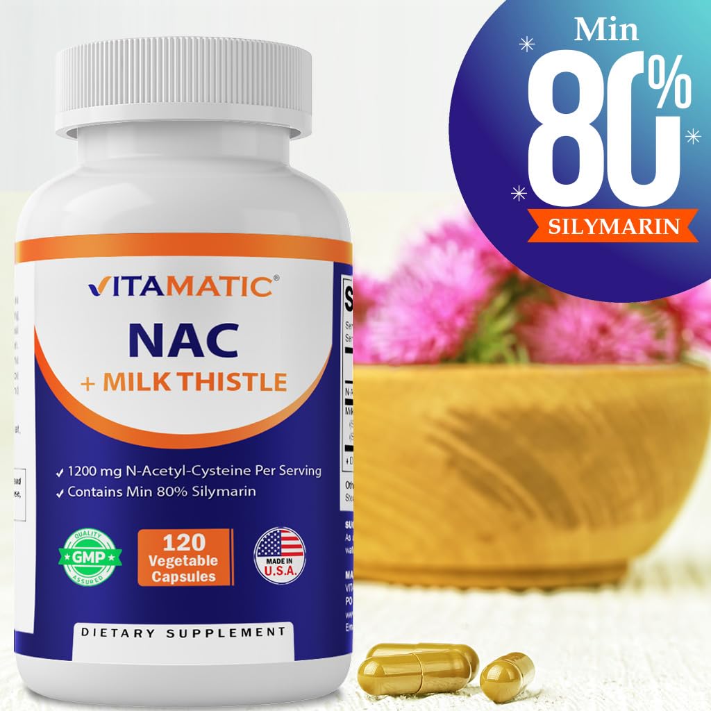 Vitamatic NAC Supplement with Milk Thistle 50:1 Extract - 1200 mg NAC, 120 Veg Capsules - Immune, Respiratory & Liver Support - 2 Pack