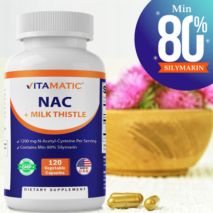 Vitamatic NAC Supplement with Milk Thistle 50:1 Extract - 1200 mg NAC, 120 Veg Capsules - Immune, Respiratory & Liver Support - 2 Pack