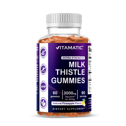 Vitamatic Milk Thistle Gummies - 10000 mg Equivalent per Serving | 50:1 Extract (200 mg) | Liver Detox & Antioxidant Support | 60 Pectin-Based Gummies