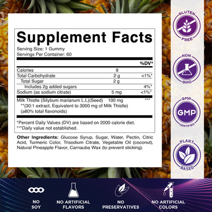 Vitamatic Milk Thistle Gummies - 10000 mg Equivalent per Serving | 50:1 Extract (200 mg) | Liver Detox & Antioxidant Support | 60 Pectin-Based Gummies