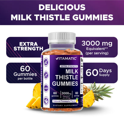 Vitamatic Milk Thistle Gummies - 10000 mg Equivalent per Serving | 50:1 Extract (200 mg) | Liver Detox & Antioxidant Support | 60 Pectin-Based Gummies