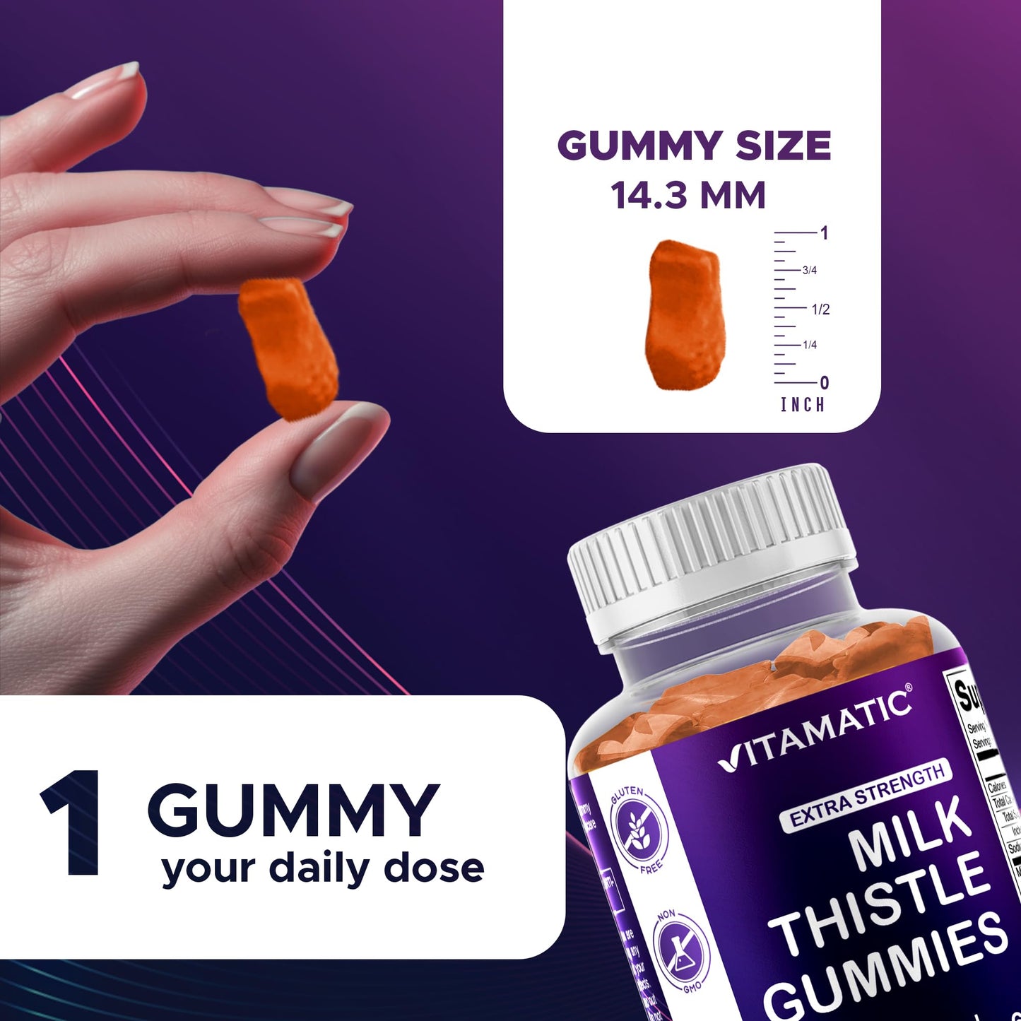 Vitamatic Milk Thistle Gummies - 10000 mg Equivalent per Serving | 50:1 Extract (200 mg) | Liver Detox & Antioxidant Support | 60 Pectin-Based Gummies
