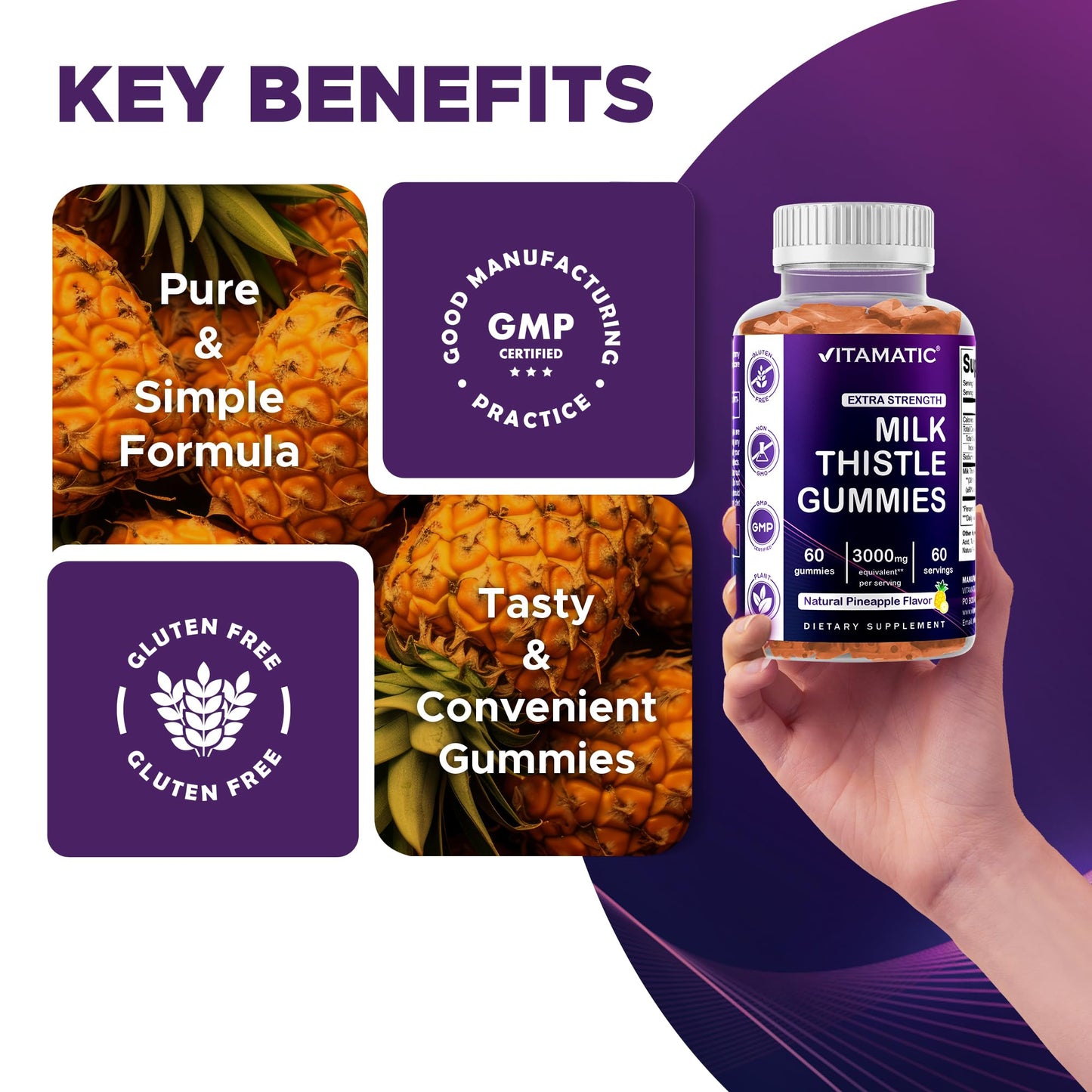 Vitamatic Milk Thistle Gummies - 10000 mg Equivalent per Serving | 50:1 Extract (200 mg) | Liver Detox & Antioxidant Support | 60 Pectin-Based Gummies
