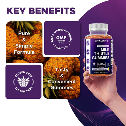 Vitamatic Milk Thistle Gummies - 10000 mg Equivalent per Serving | 50:1 Extract (200 mg) | Liver Detox & Antioxidant Support | 60 Pectin-Based Gummies