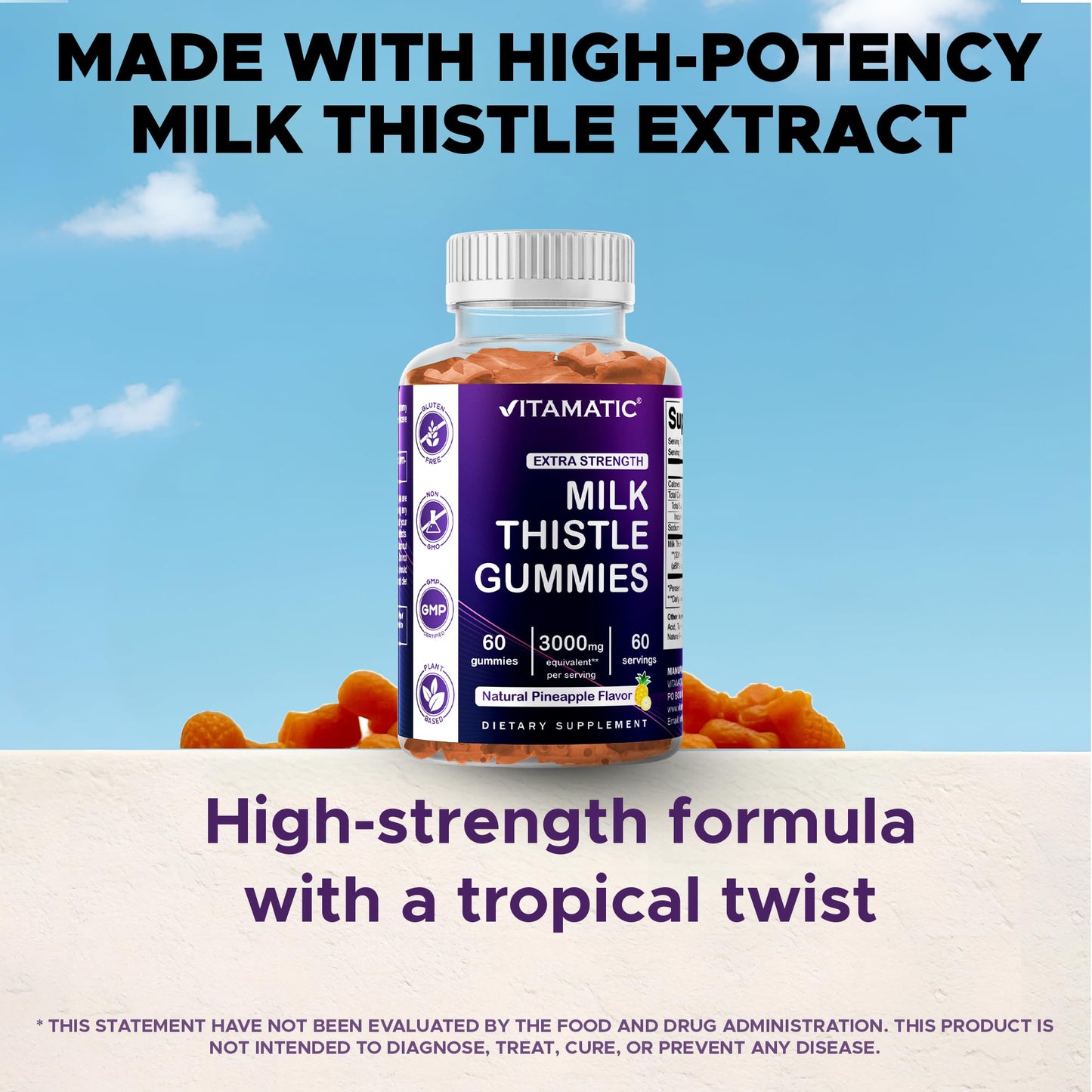 Vitamatic Milk Thistle Gummies - 10000 mg Equivalent per Serving | 50:1 Extract (200 mg) | Liver Detox & Antioxidant Support | 60 Pectin-Based Gummies