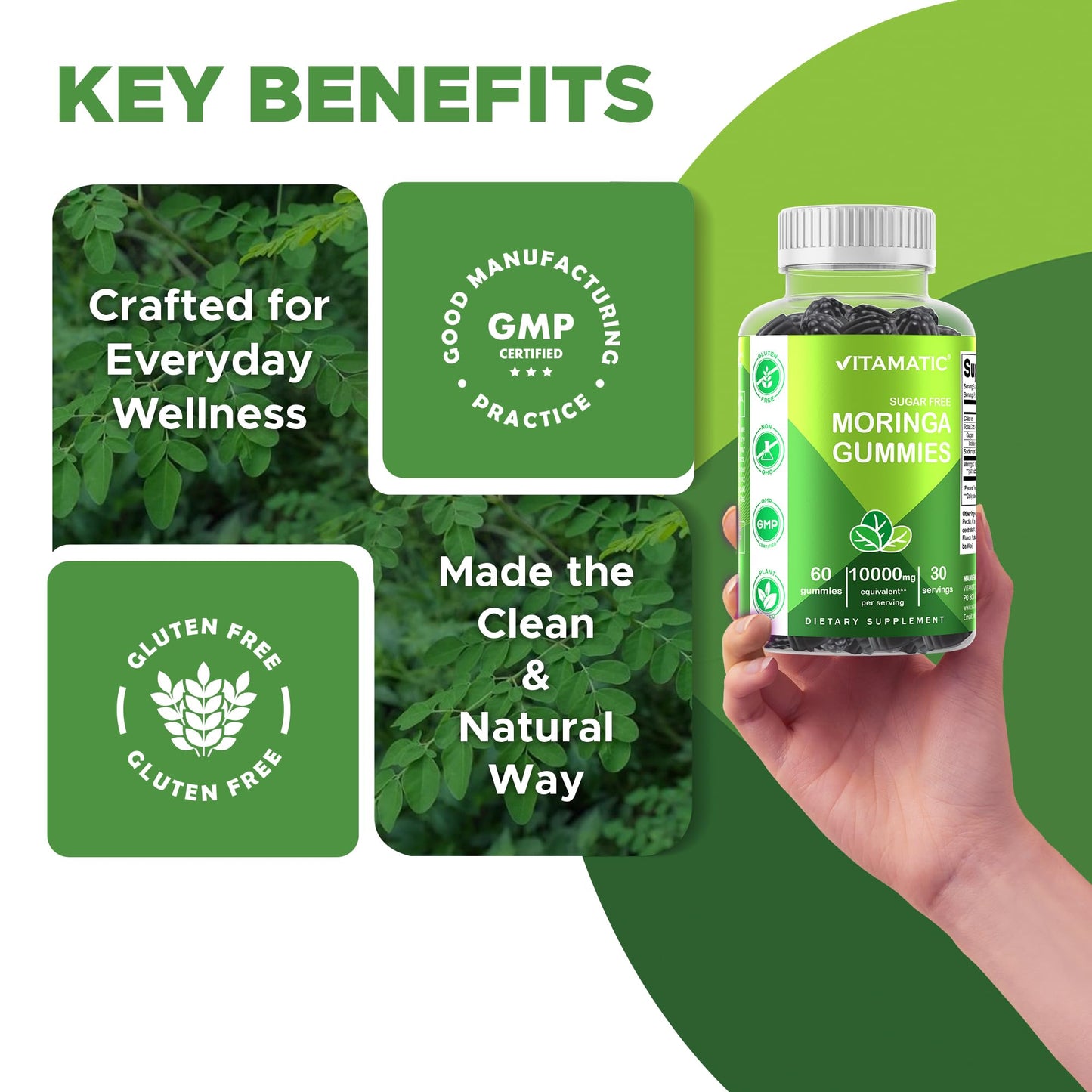 Vitamatic 2 Packs Sugar Free Moringa Gummies – 10,000 mg/Serving, Pectin-Based