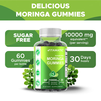 Vitamatic Sugar Free Moringa Gummies – 10,000 mg Equivalent per Serving (50:1 Extract) – 60 Vegan Gummies (Pack of 2)