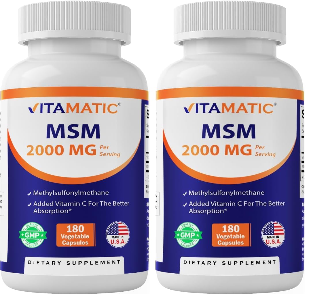 Vitamatic MSM 2000 mg with Vitamin C 75 mg – 180 Veg Capsules – Non-GMO & Gluten Free – Pack of 2