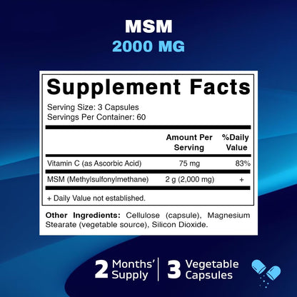 Vitamatic MSM 2000 mg with Vitamin C 75 mg – 180 Veg Capsules – Non-GMO & Gluten Free – Pack of 2
