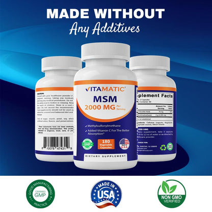Vitamatic MSM 2000 mg with Vitamin C 75 mg – 180 Veg Capsules – Non-GMO & Gluten Free – Pack of 2