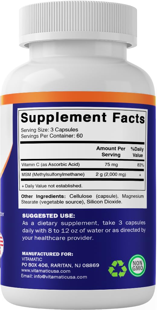 Vitamatic MSM 2000 mg with Vitamin C 75 mg – 180 Veg Capsules – Non-GMO & Gluten Free – Pack of 2