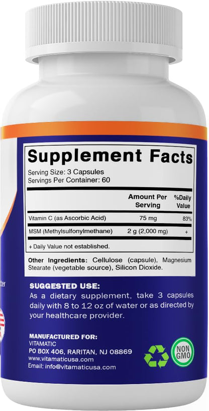 Vitamatic MSM 2000 mg with Vitamin C 75 mg – 180 Veg Capsules – Non-GMO & Gluten Free – Pack of 2