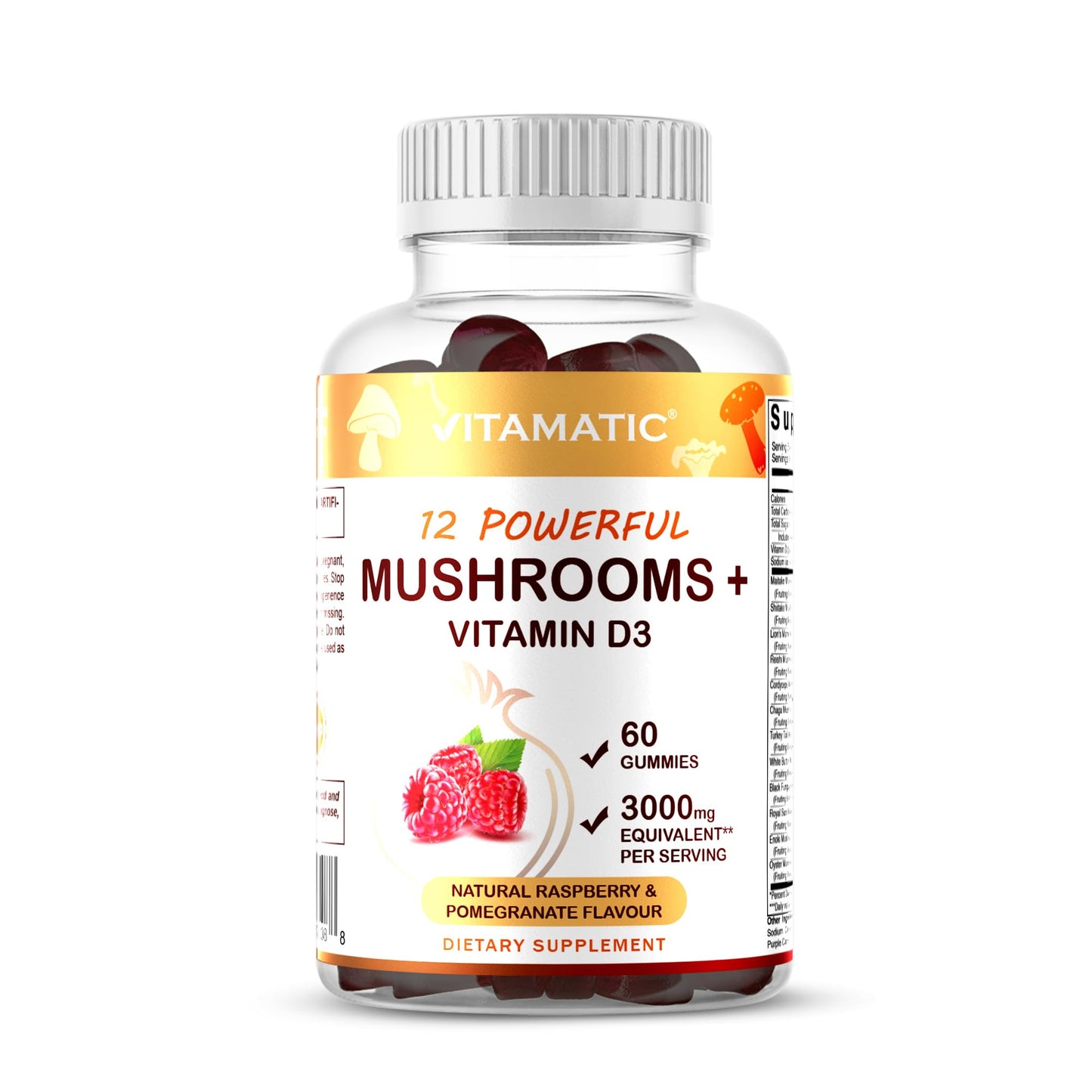 Vitamatic Mushroom Complex with D3 - 60 Pectin Gummies | 12-Mushroom Blend + 600 IU D3