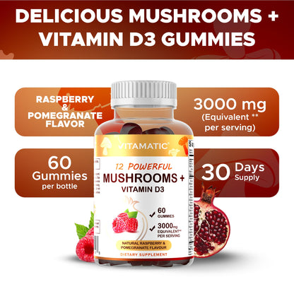Vitamatic Mushroom Complex with D3 - 60 Pectin Gummies | 12-Mushroom Blend + 600 IU D3