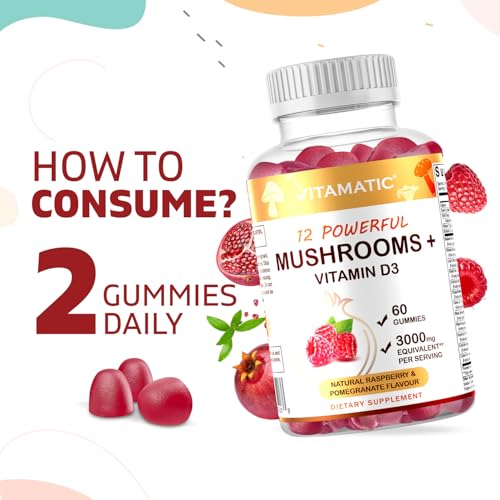 Vitamatic Mushroom Complex with D3 - 60 Pectin Gummies | 12-Mushroom Blend + 600 IU D3