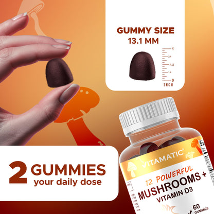 Vitamatic Mushroom Complex with D3 - 60 Pectin Gummies | 12-Mushroom Blend + 600 IU D3