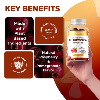 Vitamatic Mushroom Complex with D3 - 60 Pectin Gummies | 12-Mushroom Blend + 600 IU D3