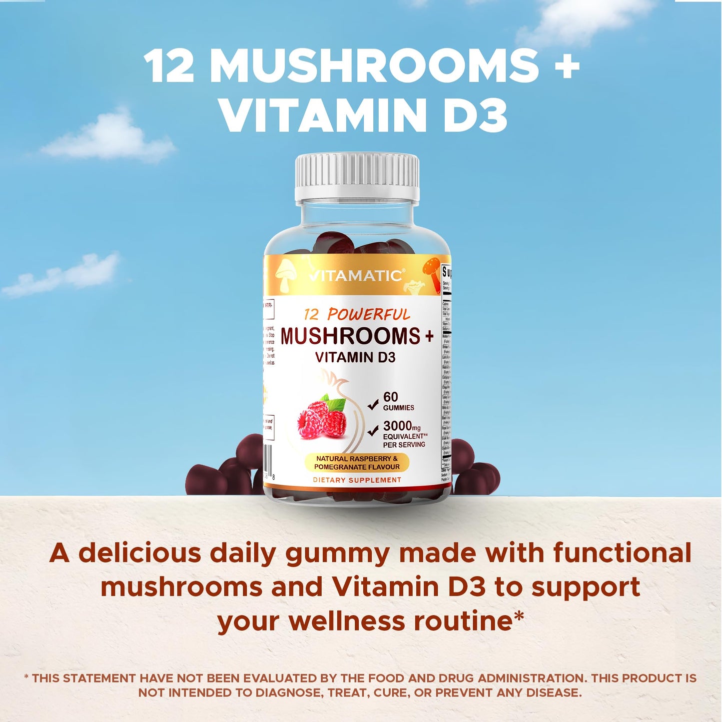 Vitamatic Mushroom Complex with D3 - 60 Pectin Gummies | 12-Mushroom Blend + 600 IU D3