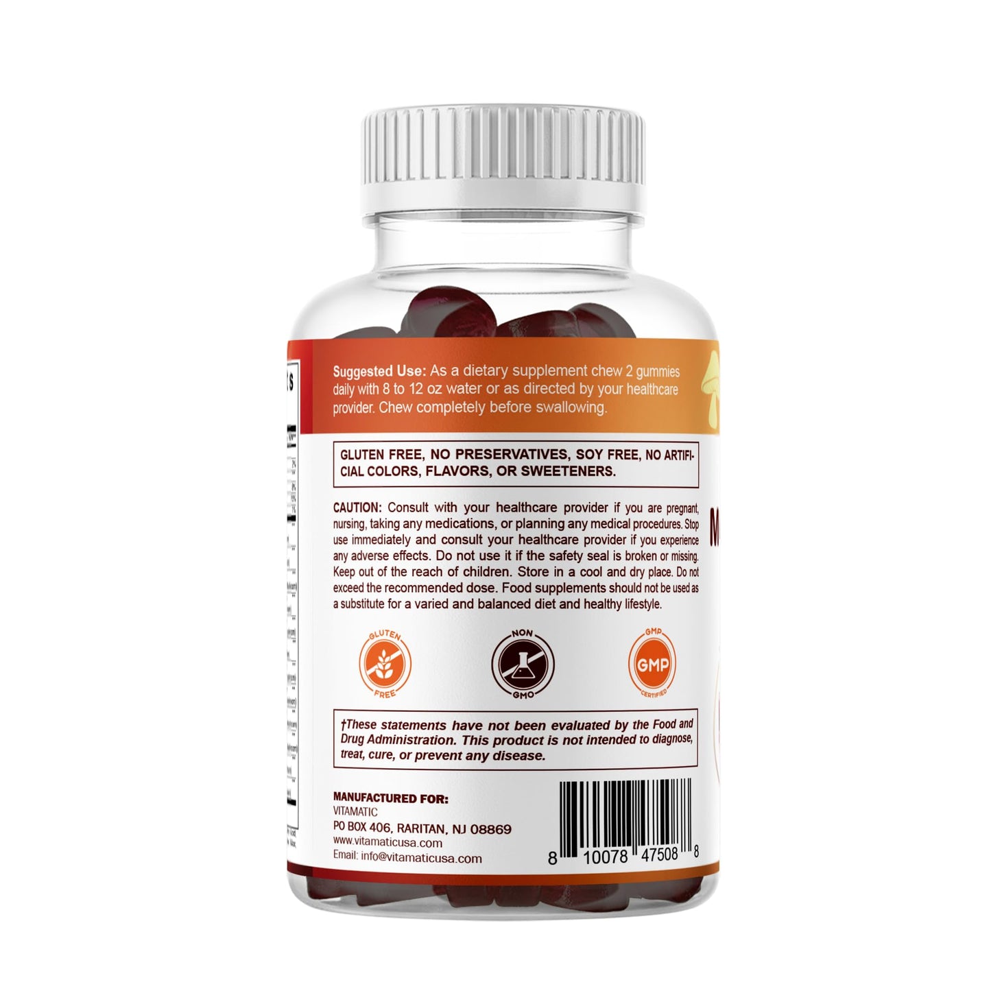 Vitamatic Mushroom Complex with D3 - 60 Pectin Gummies | 12-Mushroom Blend + 600 IU D3