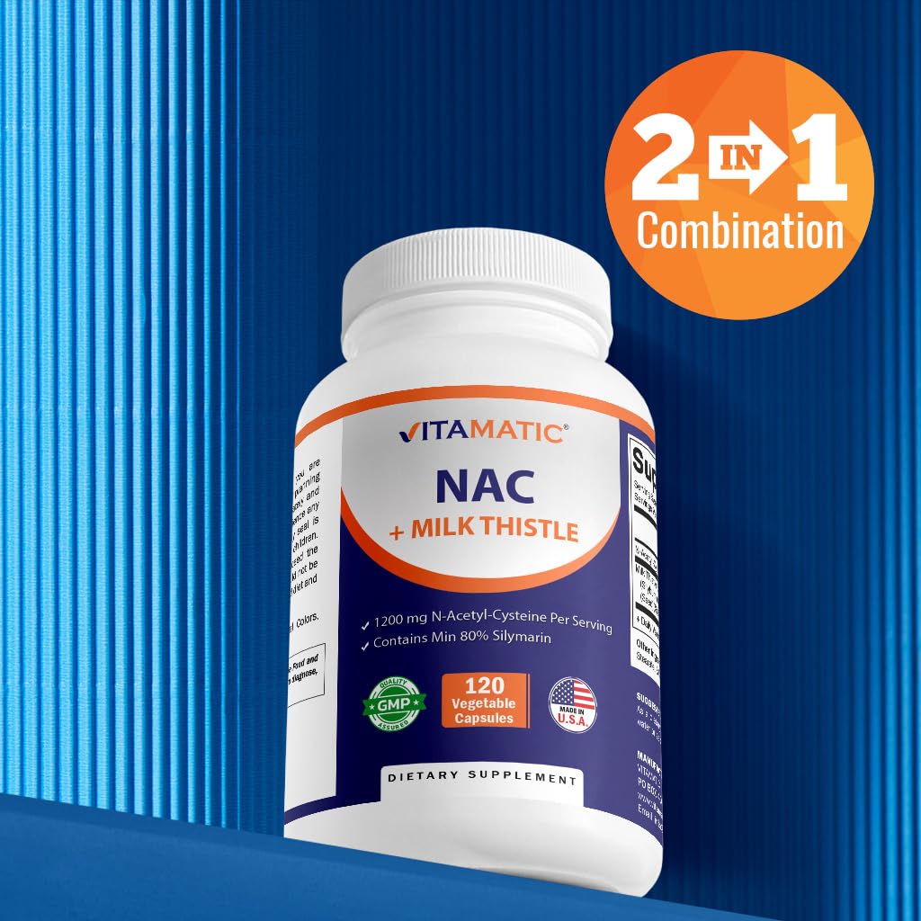 Vitamatic NAC Supplement with Milk Thistle 50:1 Extract - 1200 mg NAC, 120 Veg Capsules - Immune, Respiratory & Liver Support - 2 Pack