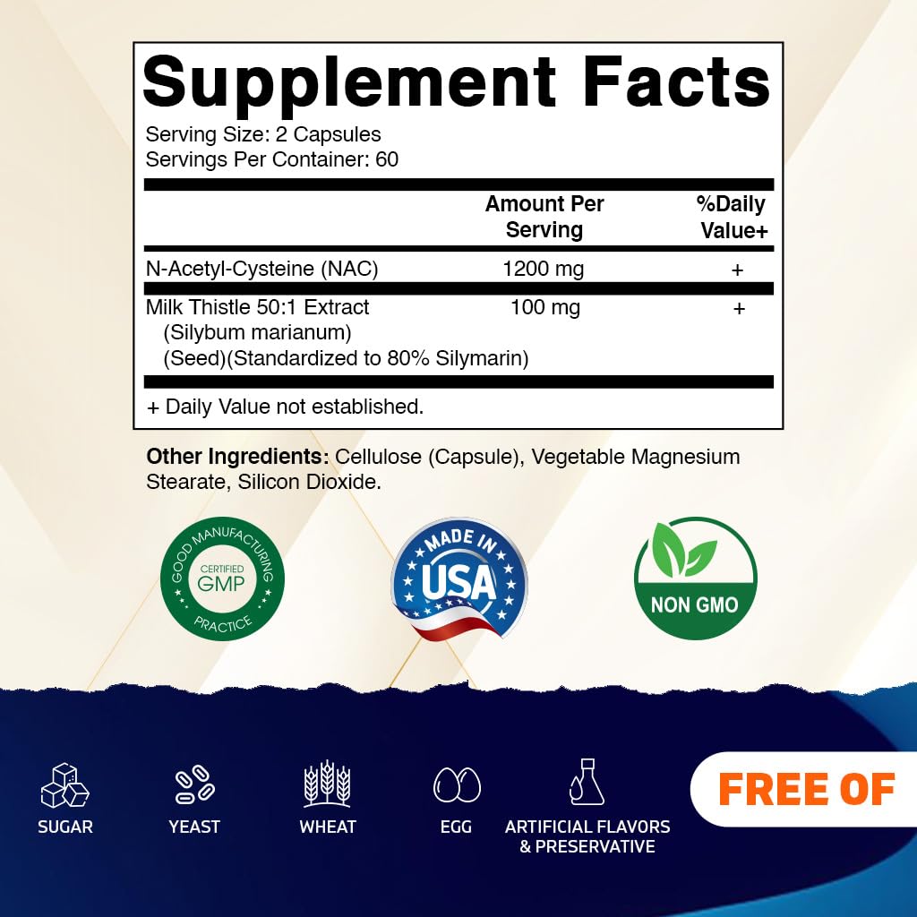 Vitamatic NAC Supplement with Milk Thistle 50:1 Extract - 1200 mg NAC, 120 Veg Capsules - Immune, Respiratory & Liver Support - 2 Pack