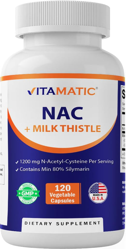 Vitamatic NAC Supplement with Milk Thistle 50:1 Extract - 1200 mg NAC per Serving, 120 Veg Capsules