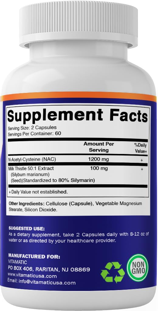 Vitamatic NAC Supplement with Milk Thistle 50:1 Extract - 1200 mg NAC, 120 Veg Capsules - Immune, Respiratory & Liver Support - 2 Pack