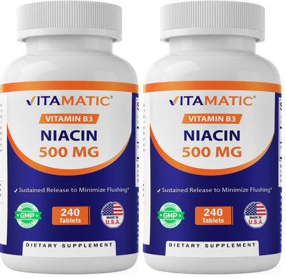 Vitamatic Niacin 500mg – Sustained Release (240 Tablets Pack of 2) Non-GMO & Gluten Free