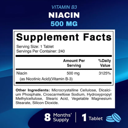 Vitamatic Niacin 500mg – Sustained Release (240 Tablets Pack of 2) Non-GMO & Gluten Free