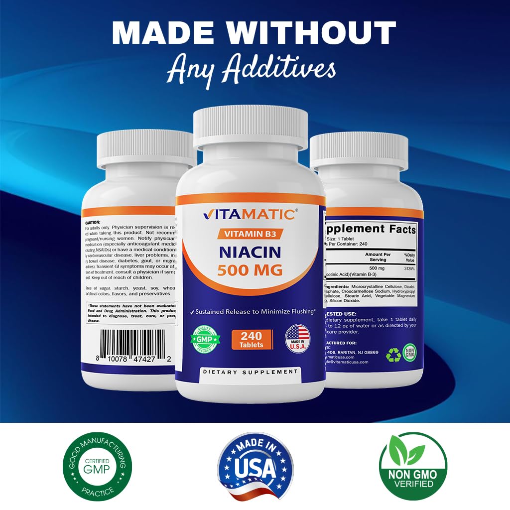 Vitamatic Niacin 500mg – Sustained Release (240 Tablets Pack of 2) Non-GMO & Gluten Free