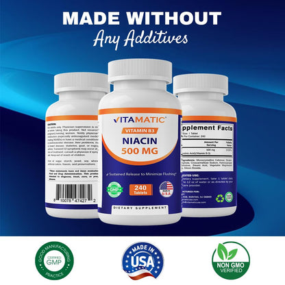 Vitamatic Niacin 500mg – Sustained Release (240 Tablets Pack of 2) Non-GMO & Gluten Free