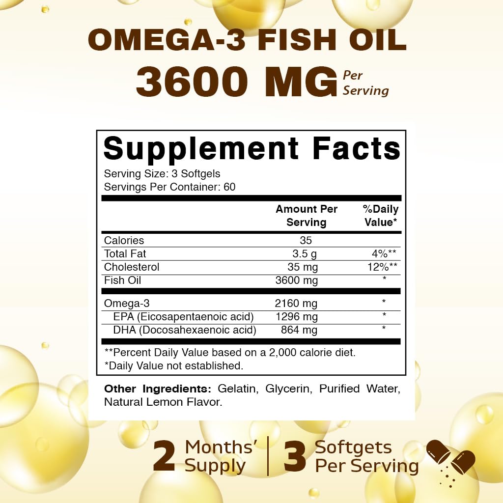 Vitamatic Omega-3 Fish Oil 3600mg per Serving – 180 Burpless Lemon Softgels