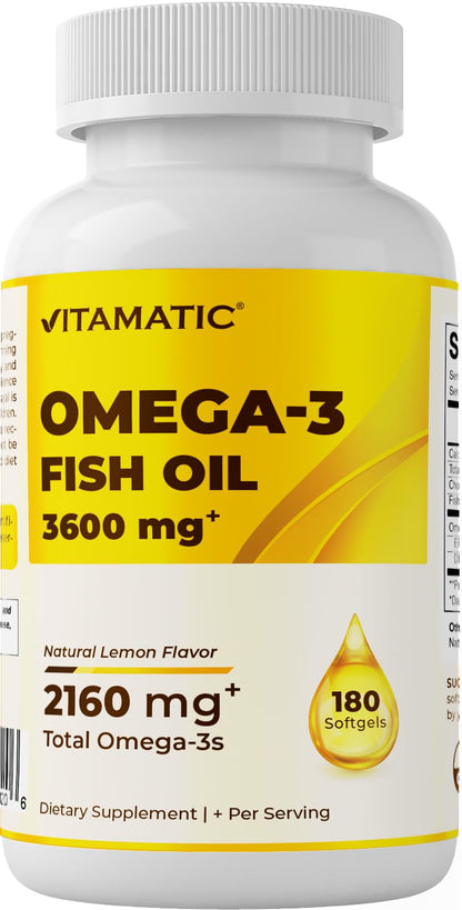 Vitamatic Omega-3 Fish Oil 3600mg per Serving – 180 Burpless Lemon Softgels
