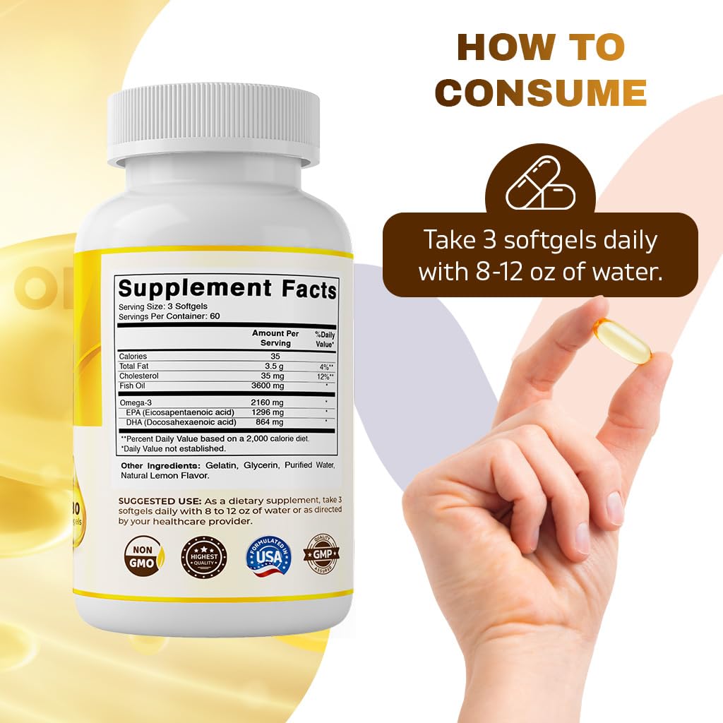 Vitamatic Omega-3 Fish Oil 3600mg per Serving – 180 Burpless Lemon Softgels