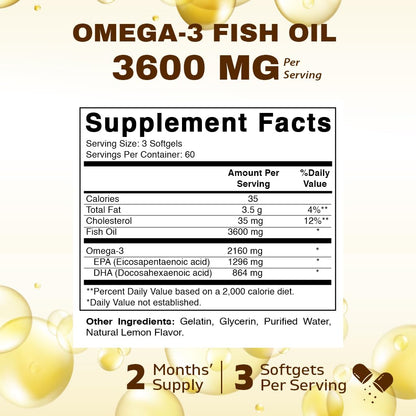 Vitamatic Triple Strength Omega 3 Fish Oil 3600mg Per Serving - Burpless Lemon Flavor, 180 Softgels (Pack of 2)