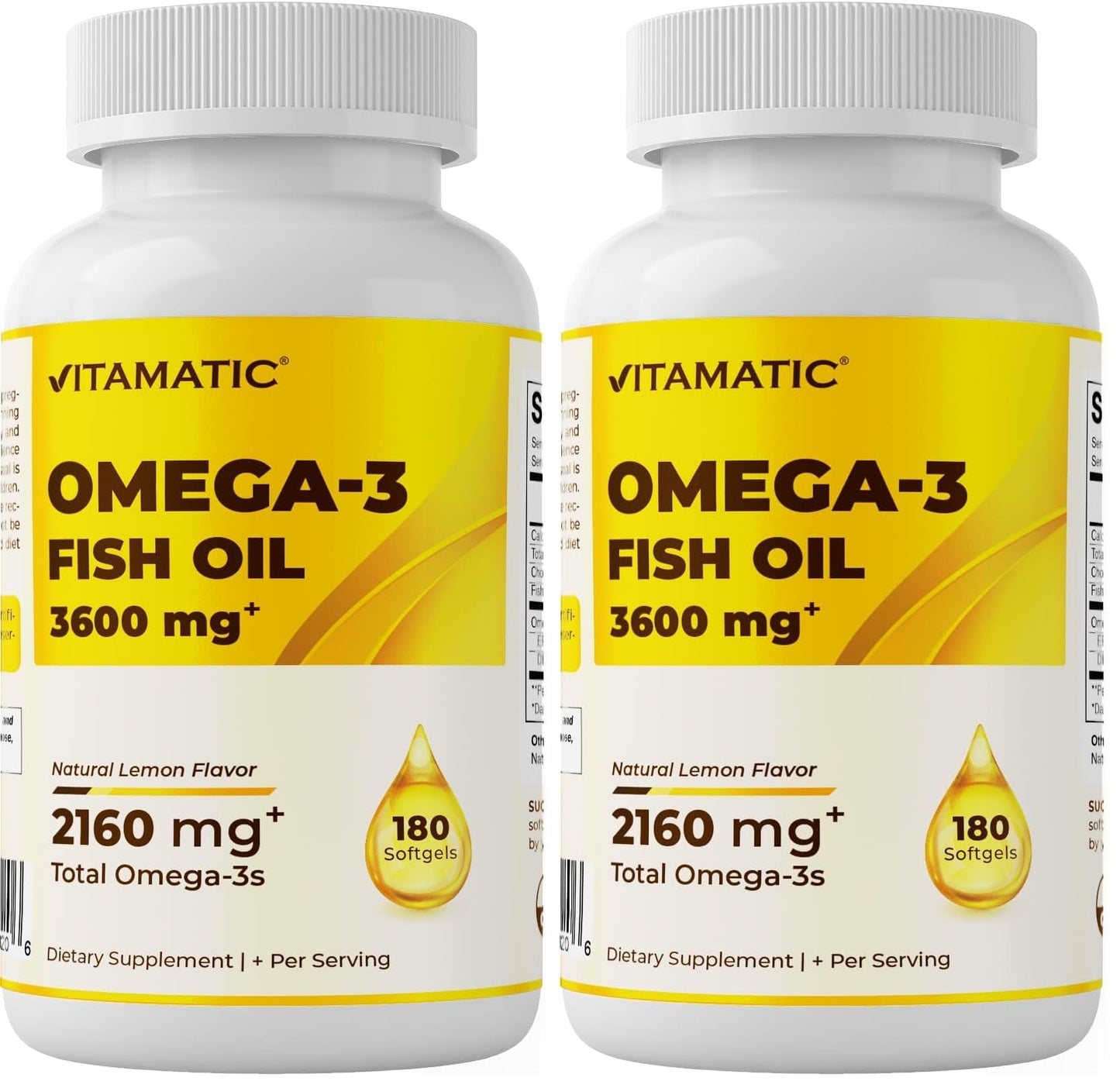 Vitamatic Triple Strength Omega 3 Fish Oil 3600mg Per Serving - Burpless Lemon Flavor, 180 Softgels (Pack of 2)
